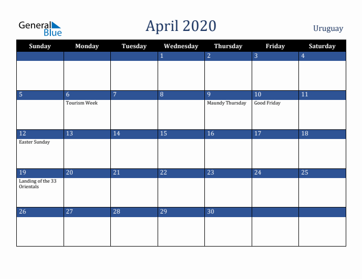 April 2020 Uruguay Calendar (Sunday Start)