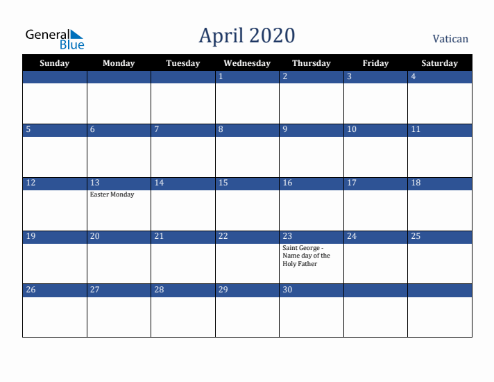 April 2020 Vatican Calendar (Sunday Start)