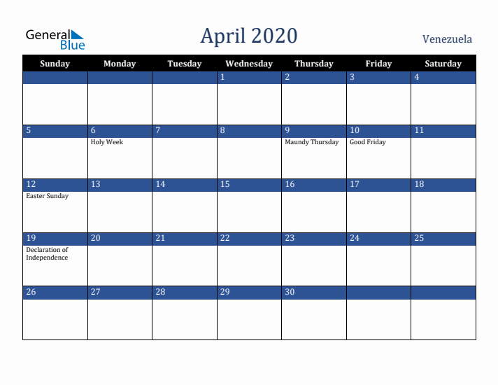 April 2020 Venezuela Calendar (Sunday Start)