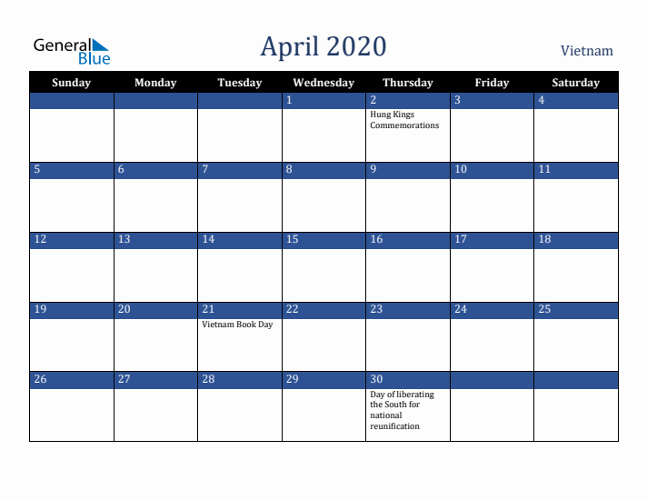 April 2020 Vietnam Calendar (Sunday Start)