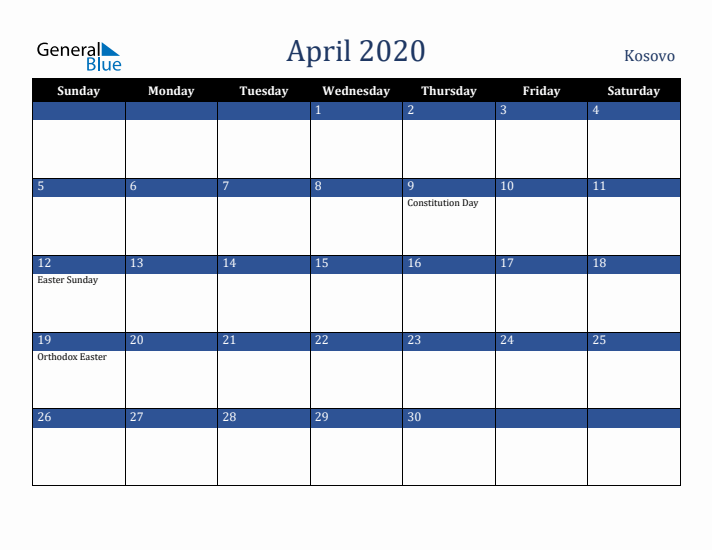 April 2020 Kosovo Calendar (Sunday Start)