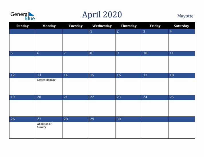 April 2020 Mayotte Calendar (Sunday Start)