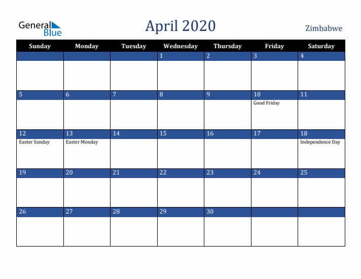 April 2020 Zimbabwe Calendar (Sunday Start)