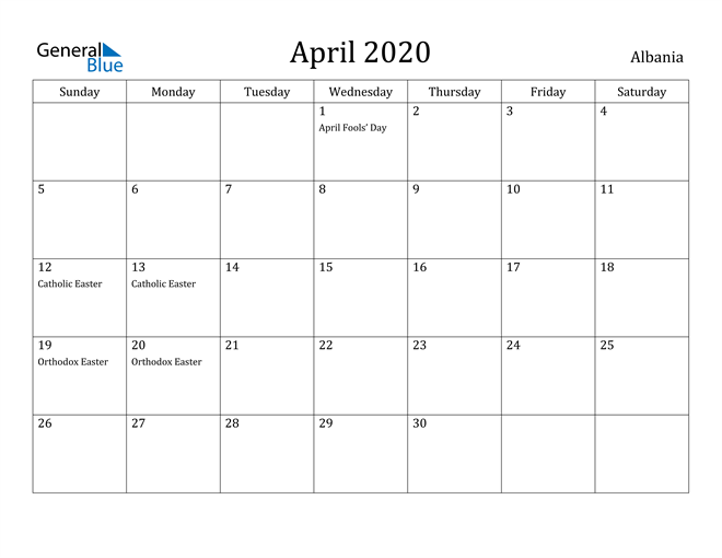 April 2020 Calendar Albania
