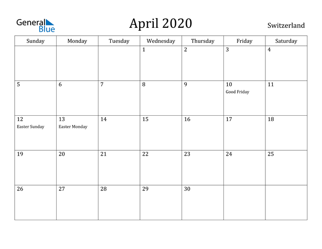 April 2020 Calendar Switzerland
