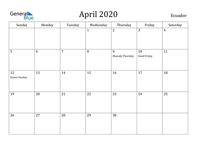 April 2020 Calendar Ecuador