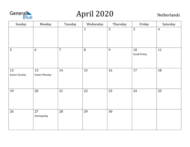 April 2020 Calendar Netherlands