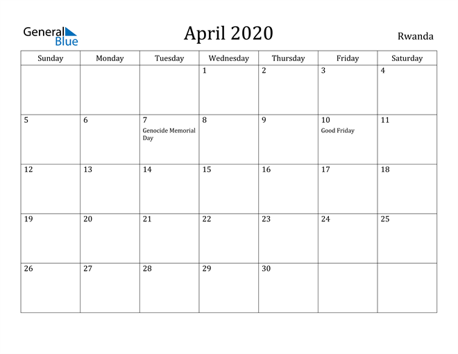 april 2020 calendar rwanda