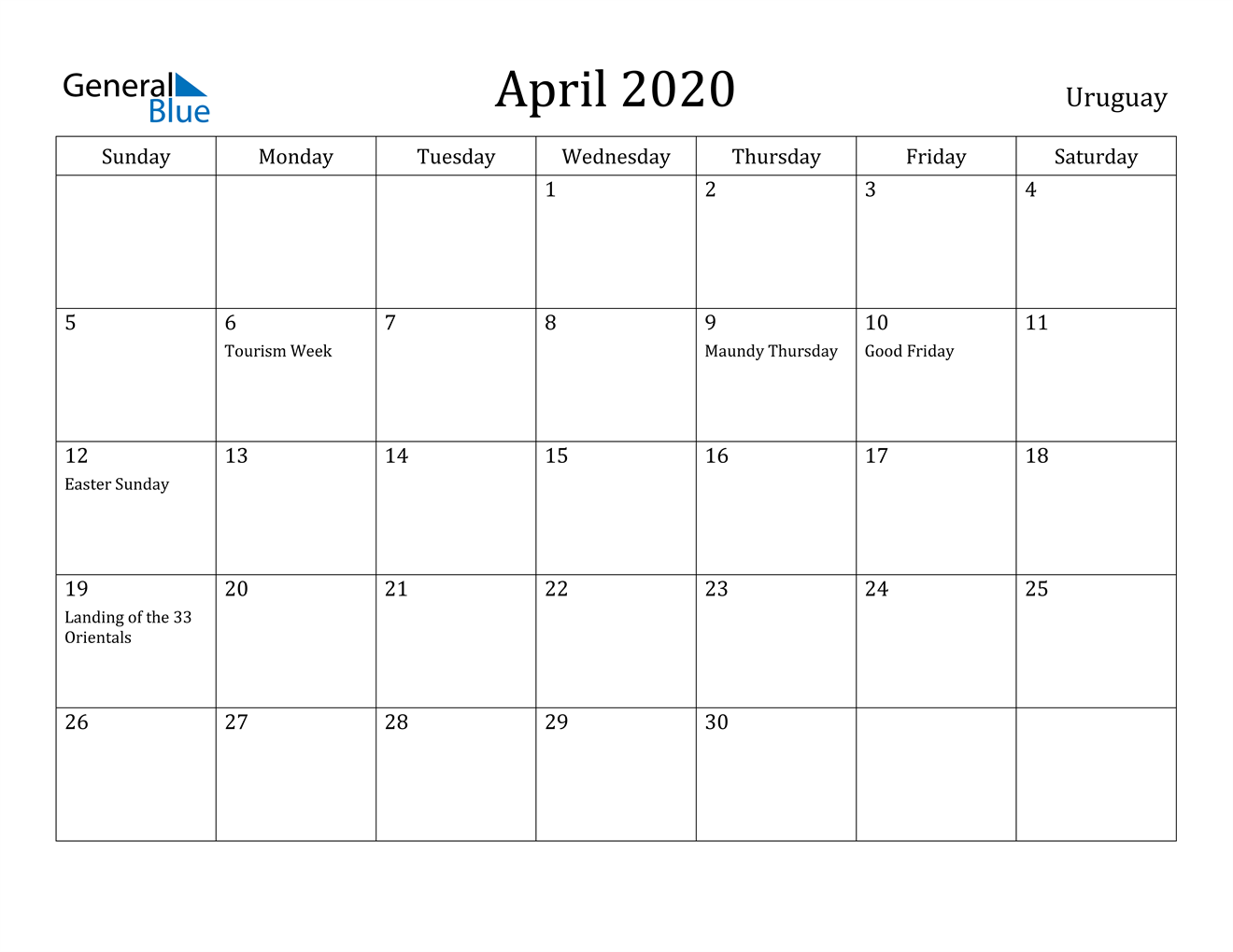 April 2020 Calendar - Uruguay