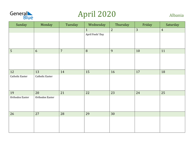April 2020 Calendar with Albania Holidays