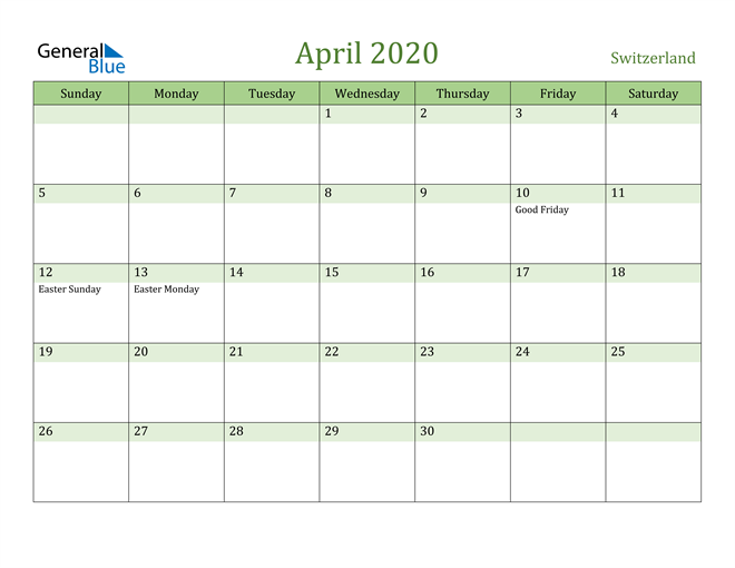 April 2020 Calendar with Switzerland Holidays