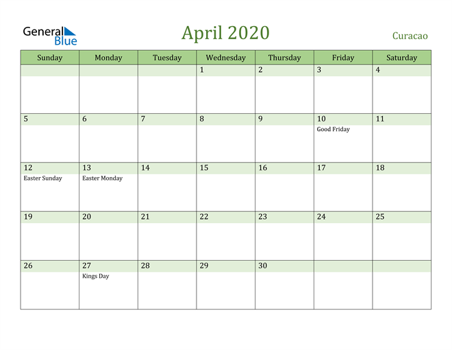 April 2020 Calendar with Curacao Holidays