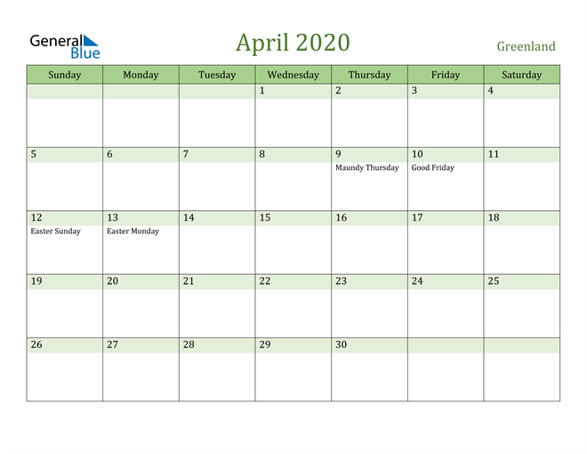 April 2020 Calendar with Greenland Holidays
