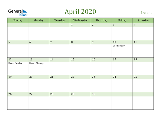 April 2020 Calendar with Ireland Holidays