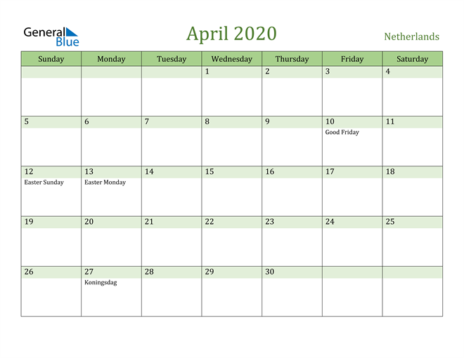 April 2020 Calendar with Netherlands Holidays