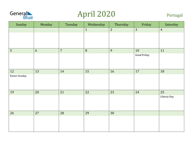 April 2020 Calendar with Portugal Holidays