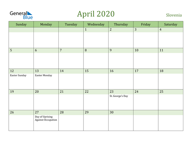 April 2020 Calendar with Slovenia Holidays