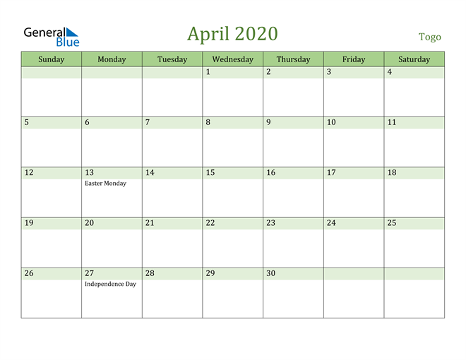 April 2020 Calendar with Togo Holidays