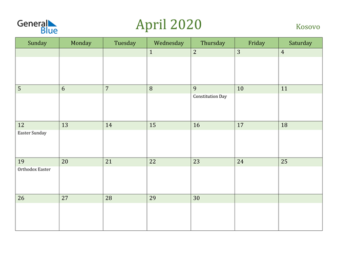 April 2020 Calendar with Kosovo Holidays