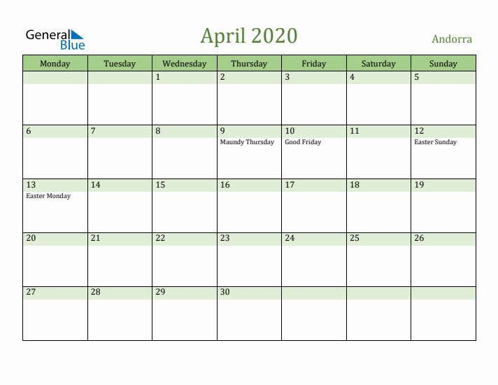 April 2020 Calendar with Andorra Holidays