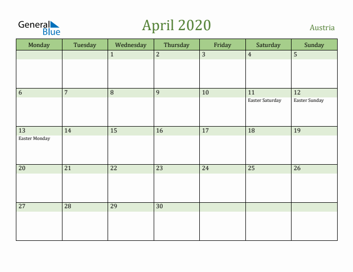 April 2020 Calendar with Austria Holidays