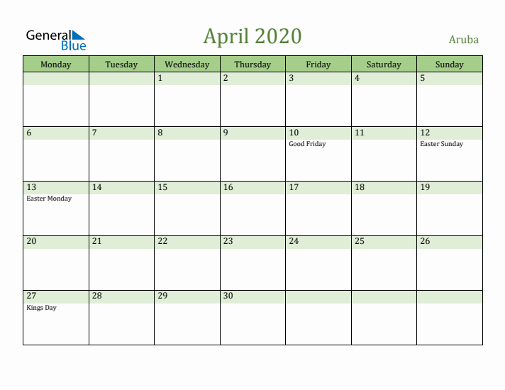 April 2020 Calendar with Aruba Holidays