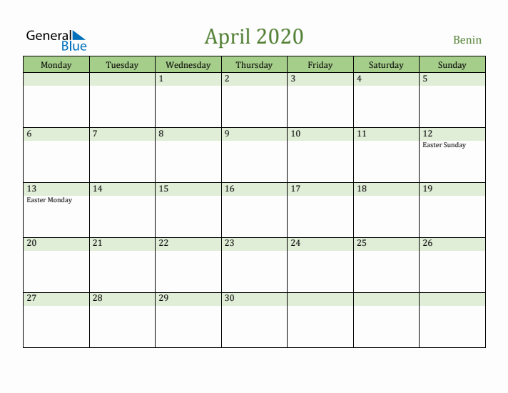 April 2020 Calendar with Benin Holidays
