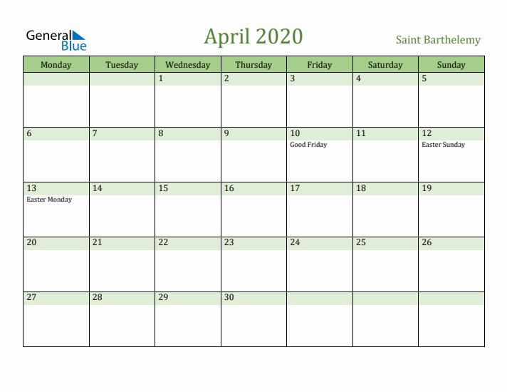 April 2020 Calendar with Saint Barthelemy Holidays