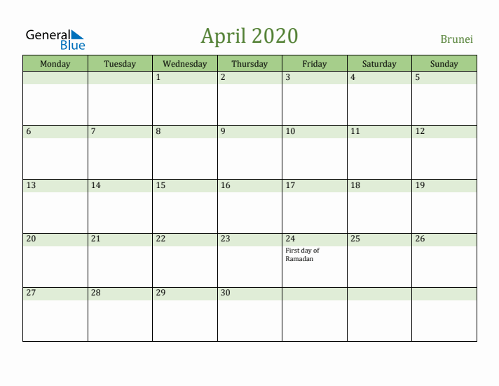April 2020 Calendar with Brunei Holidays