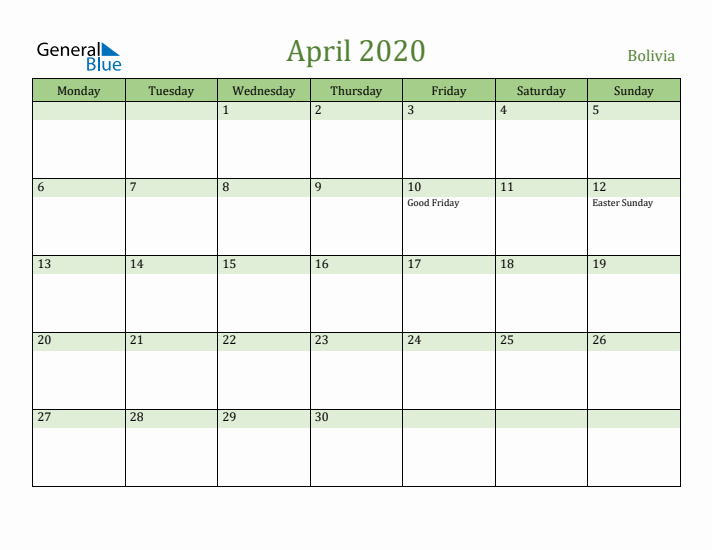 April 2020 Calendar with Bolivia Holidays