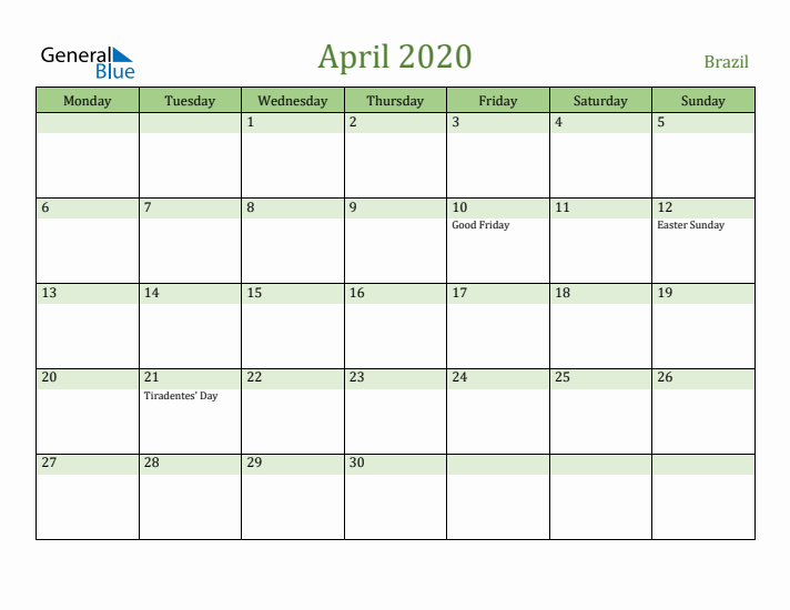 April 2020 Calendar with Brazil Holidays