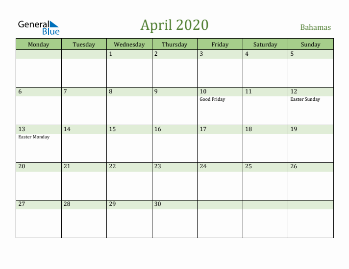 April 2020 Calendar with Bahamas Holidays