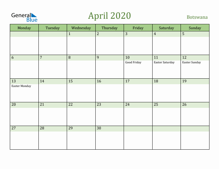 April 2020 Calendar with Botswana Holidays