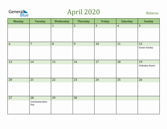 April 2020 Calendar with Belarus Holidays