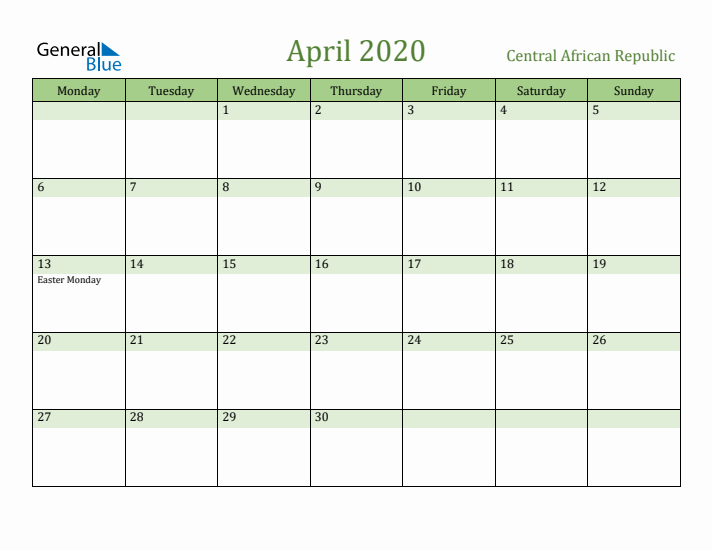 April 2020 Calendar with Central African Republic Holidays