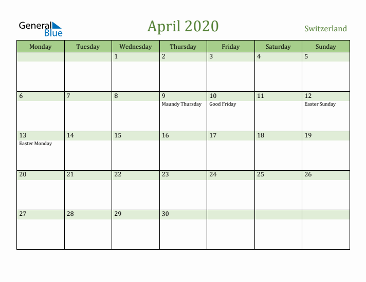 April 2020 Calendar with Switzerland Holidays