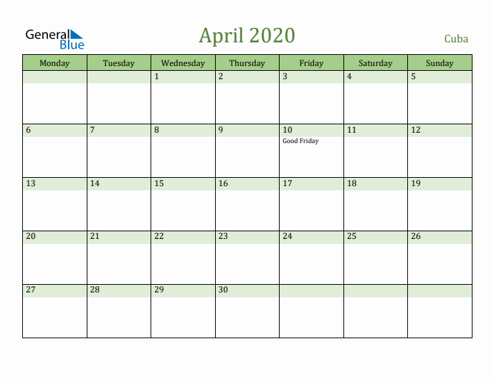 April 2020 Calendar with Cuba Holidays