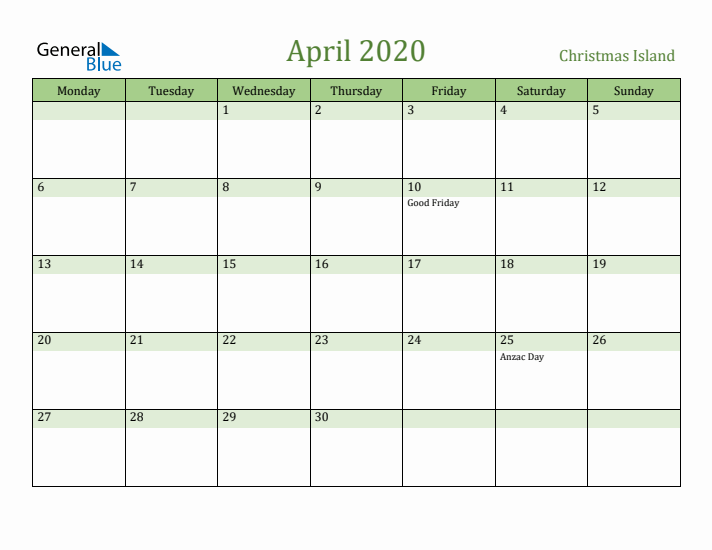April 2020 Calendar with Christmas Island Holidays