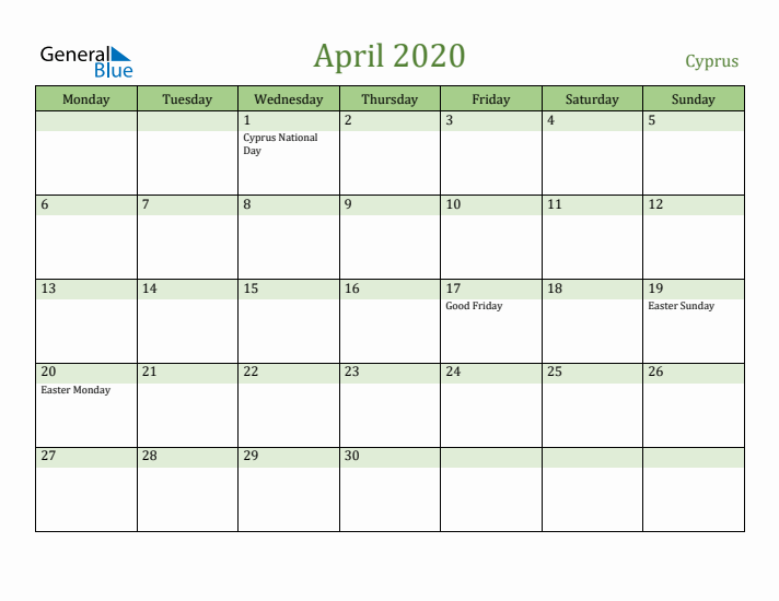 April 2020 Calendar with Cyprus Holidays
