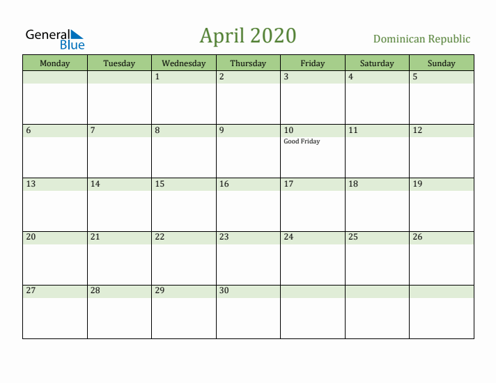 April 2020 Calendar with Dominican Republic Holidays