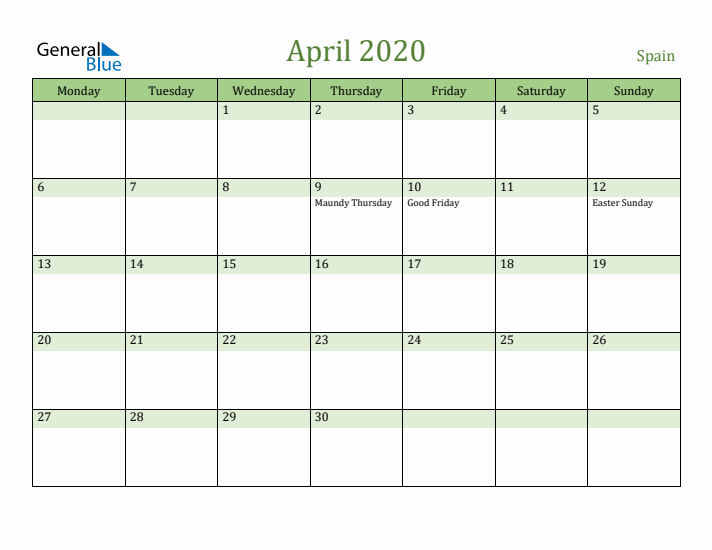 April 2020 Calendar with Spain Holidays
