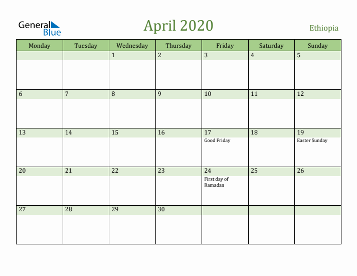 April 2020 Calendar with Ethiopia Holidays