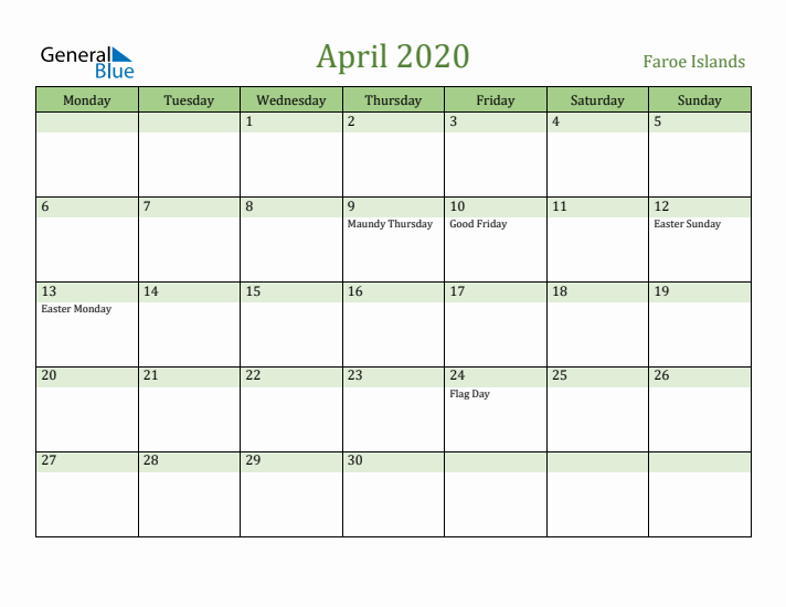 April 2020 Calendar with Faroe Islands Holidays