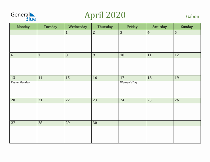 April 2020 Calendar with Gabon Holidays