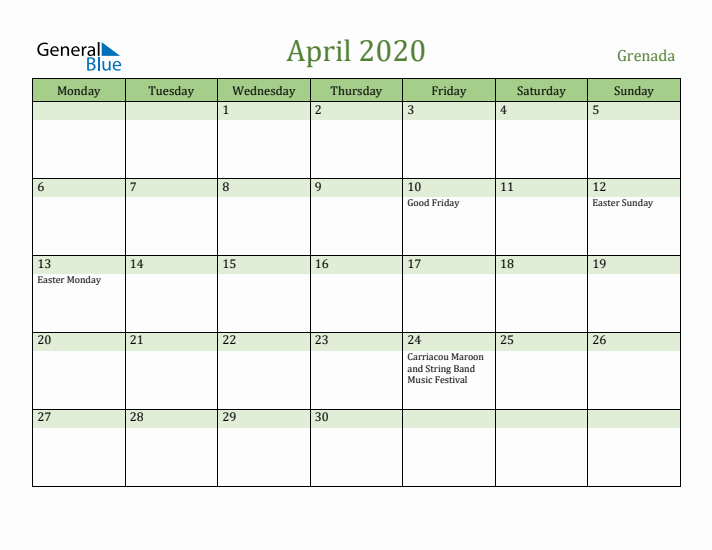 April 2020 Calendar with Grenada Holidays