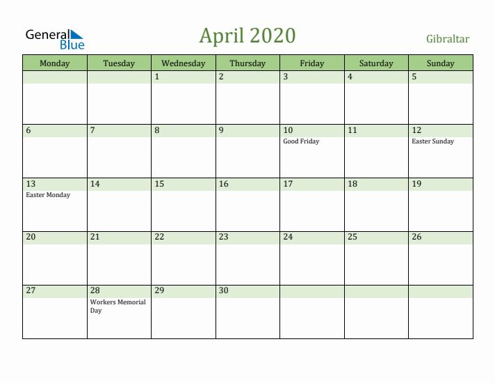 April 2020 Calendar with Gibraltar Holidays