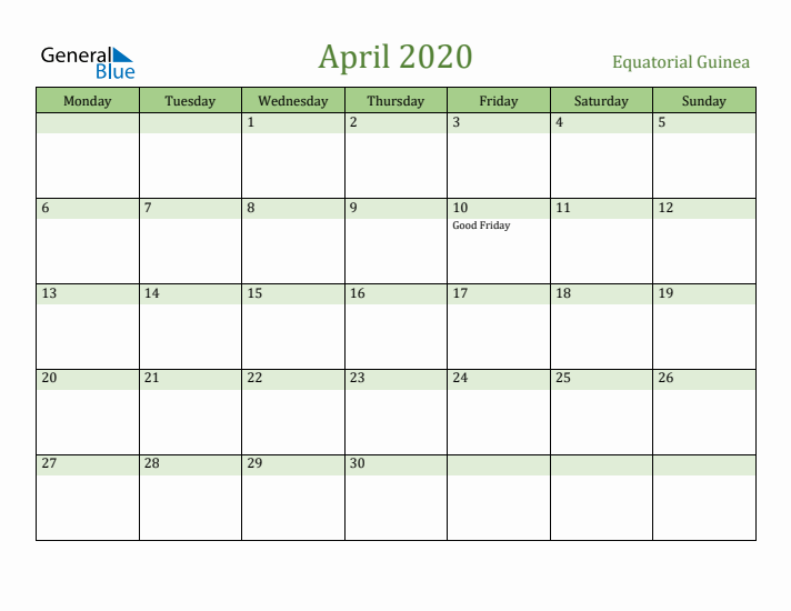 April 2020 Calendar with Equatorial Guinea Holidays