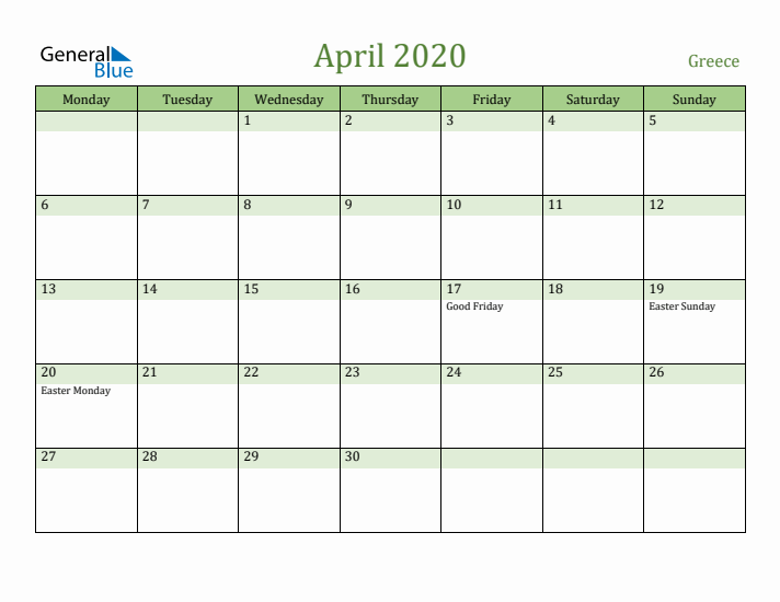 April 2020 Calendar with Greece Holidays