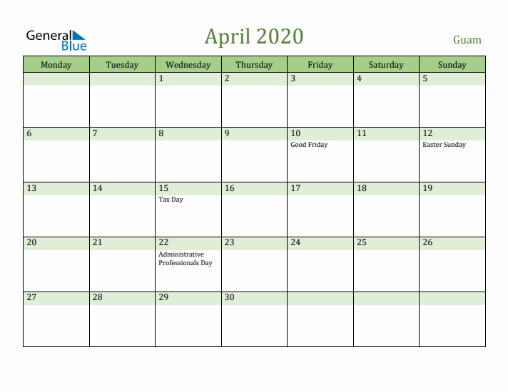 April 2020 Calendar with Guam Holidays