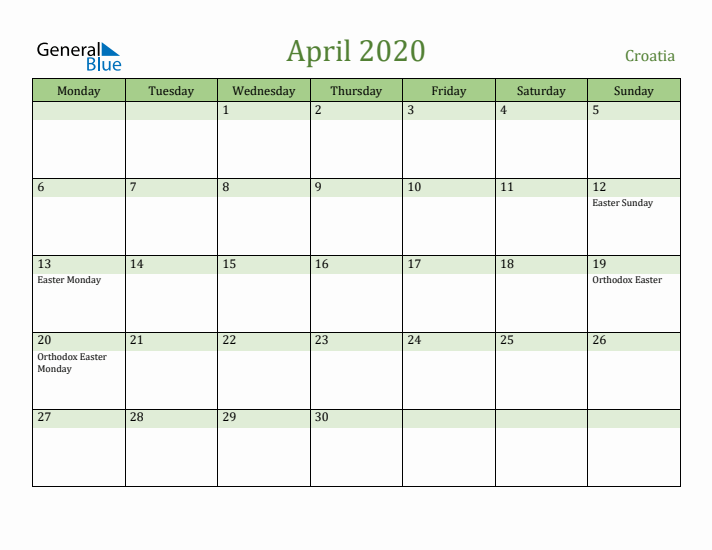 April 2020 Calendar with Croatia Holidays